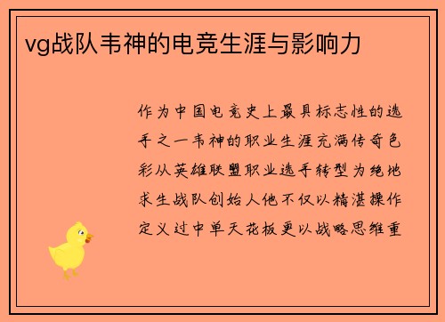 vg战队韦神的电竞生涯与影响力