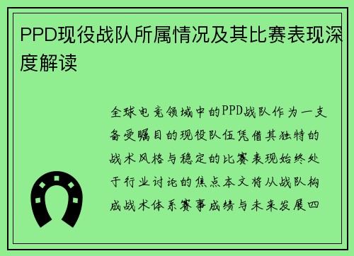 PPD现役战队所属情况及其比赛表现深度解读